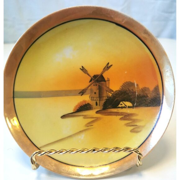 Set of 6- 1950s MADE IN JAPAN Lusterware Plates | Windmill Countryside Scenic - Picture 10 of 11